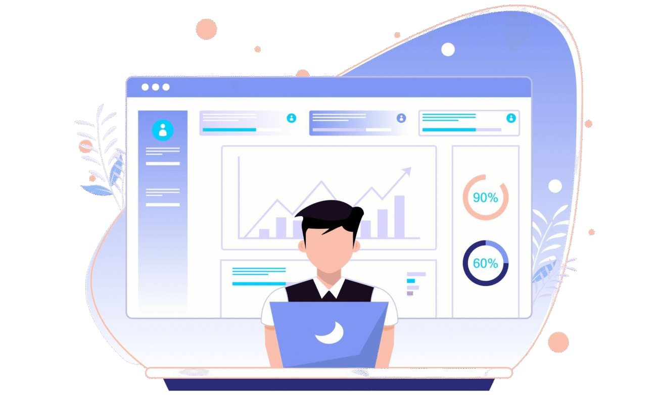 concept digital media services man explains today s company data flat vector illustration