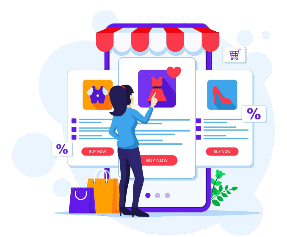 online shopping concept woman chooses buys products online mobile application store